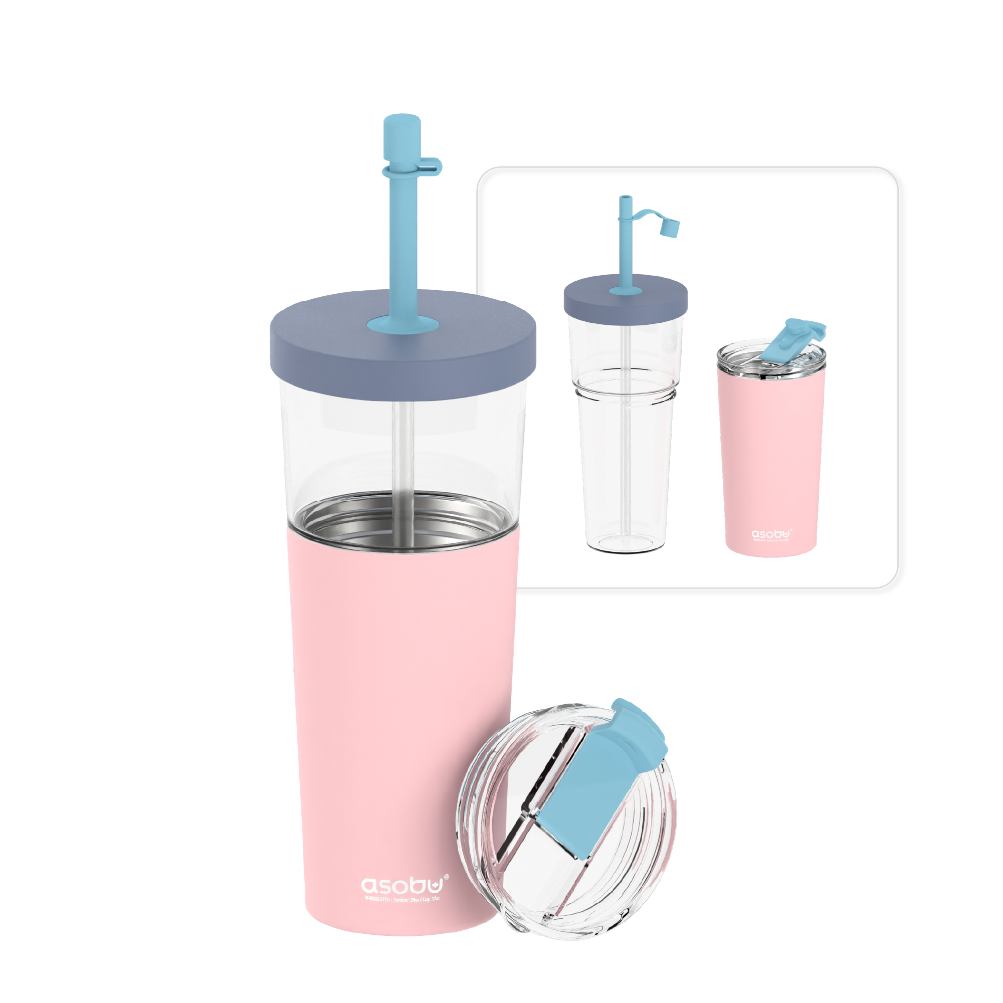 Mug isotherme avec paille Marina Asobu – rose pastel 850 ml
