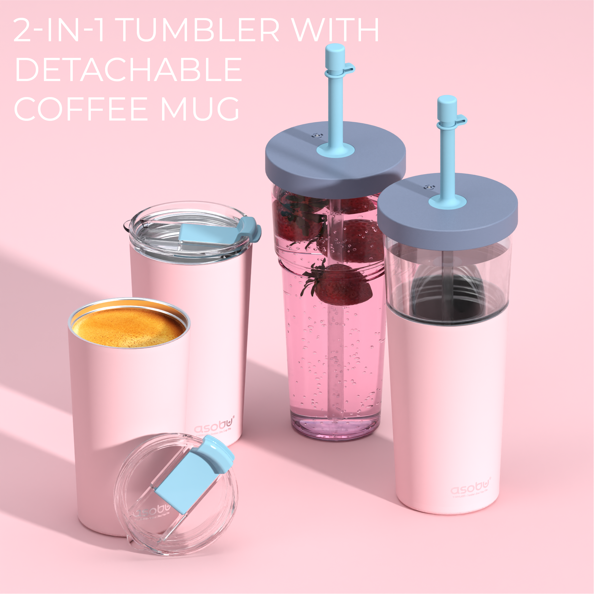 Mug isotherme avec paille Marina Asobu – rose pastel 850 ml