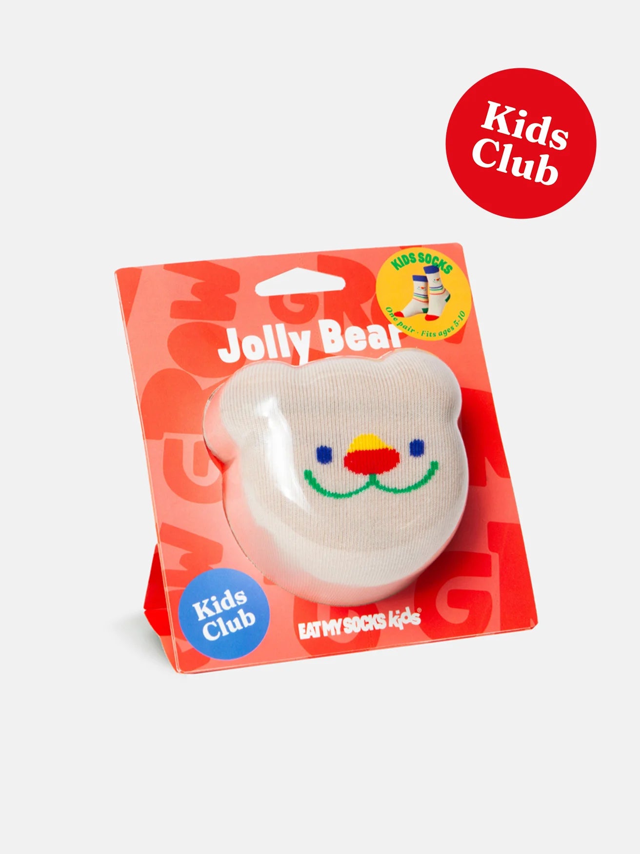 Skarpetki dla dzieci Jolly Bear w kształcie białego misia z kolorowym nosem na czerwonym opakowaniu EMS