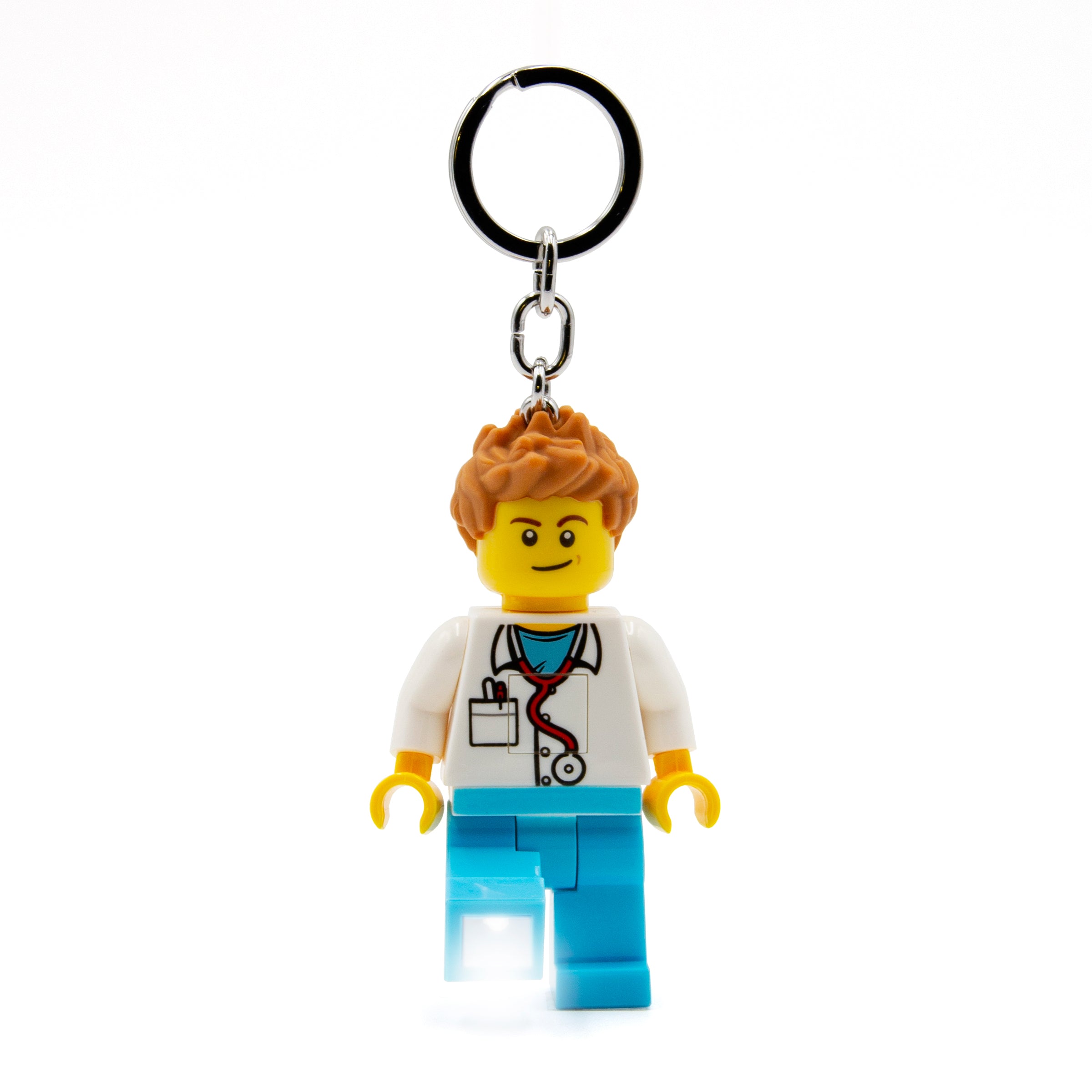 MOB brelok LEGO lekarz z latarką przedstawiający figurkę lekarza z latarką w spodniach niebieskich