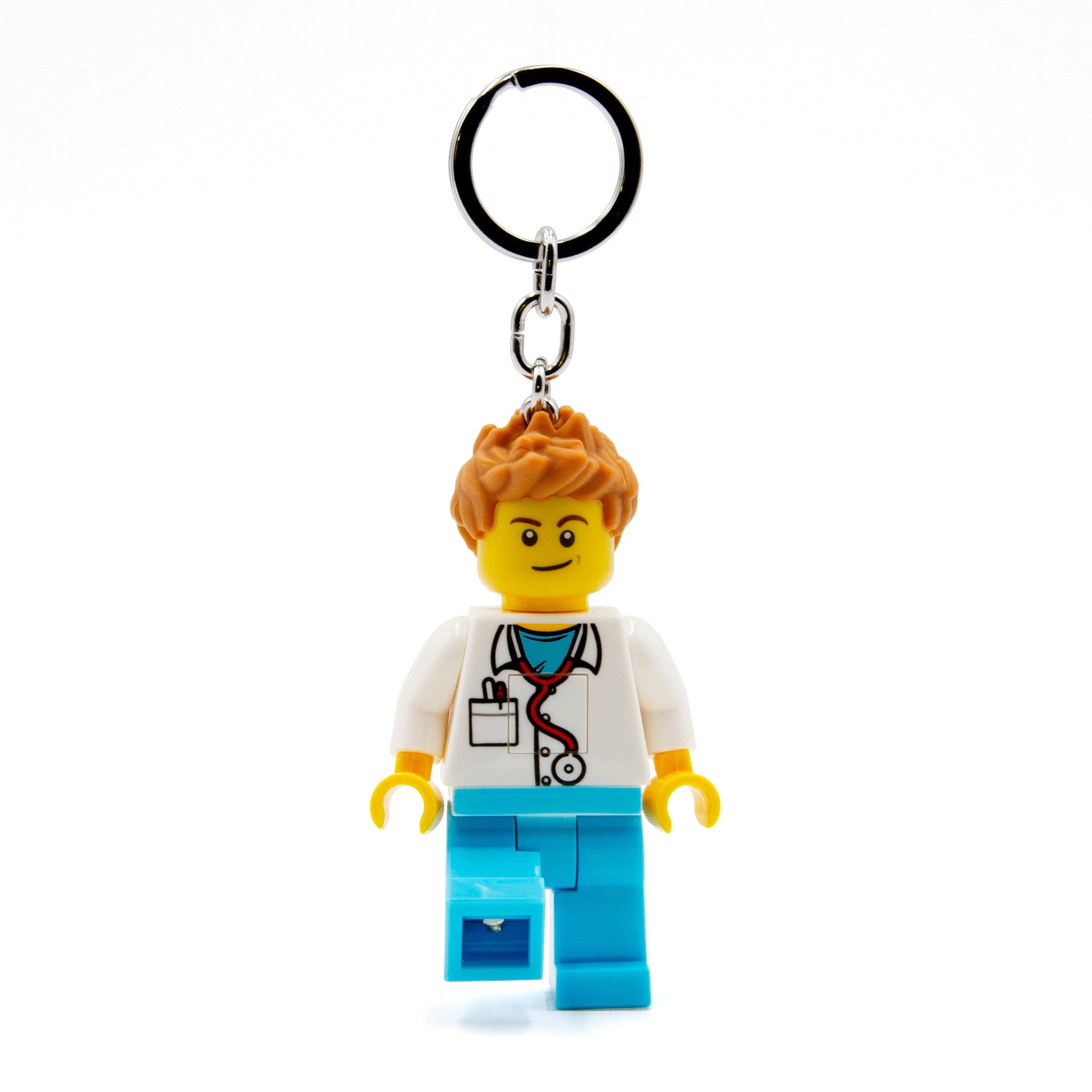 brelok LEGO lekarz z latarką z figurką w białym fartuchu i niebieskich spodniach