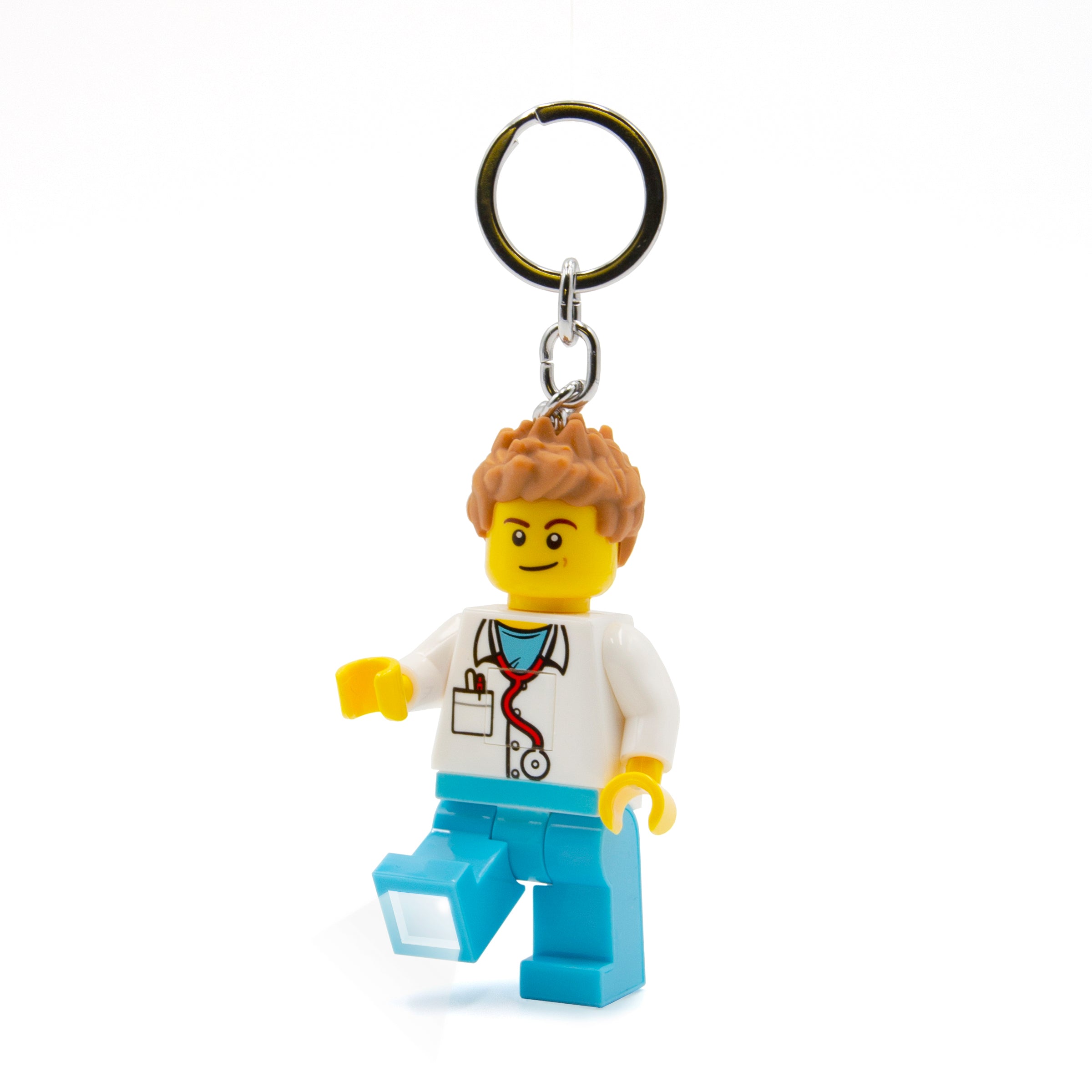 brelok LEGO lekarz z latarką przedstawiający figurkę lekarza z latarką na nodze