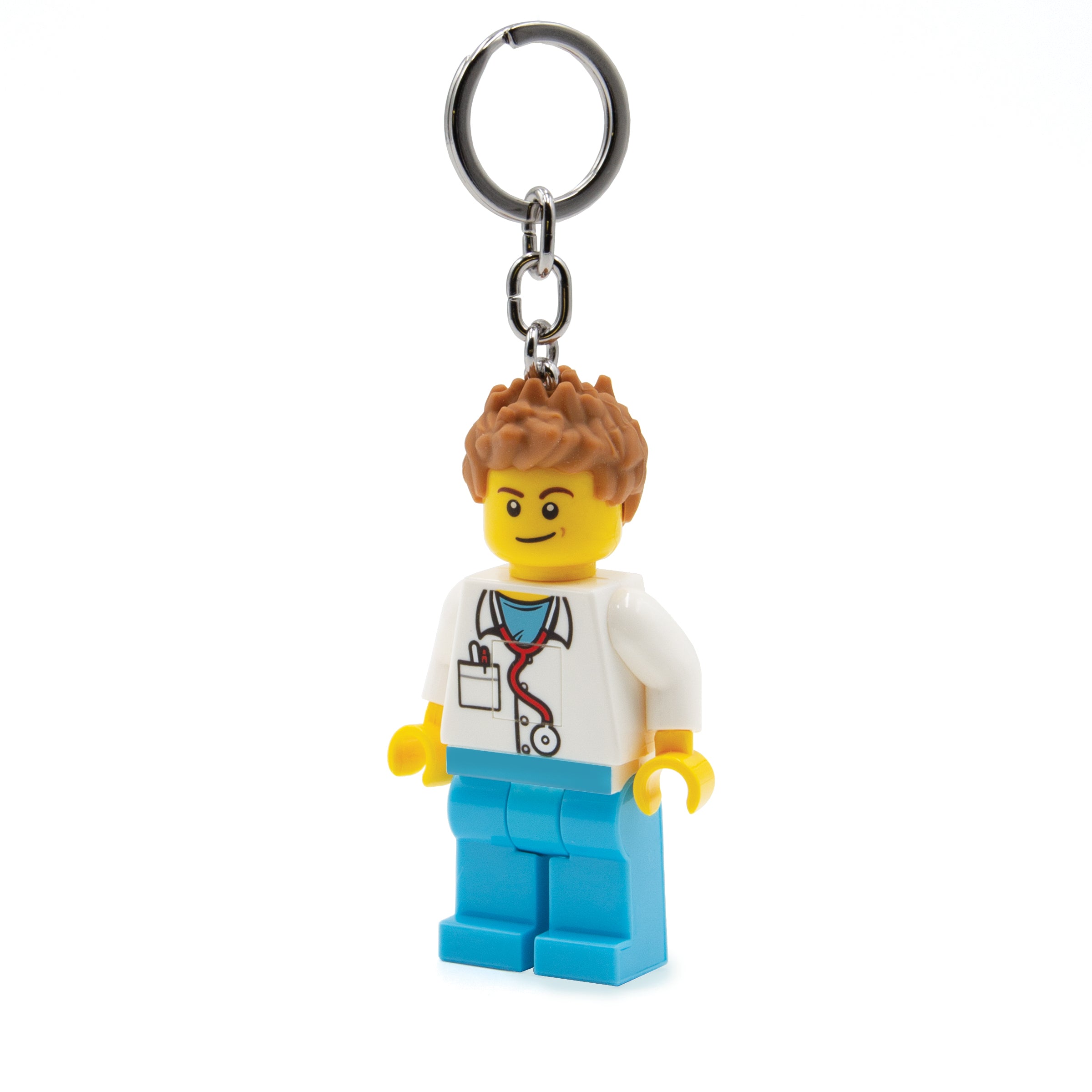 brelok LEGO lekarz z latarką przedstawiający figurkę doktora w białym kitlu i niebieskich spodniach