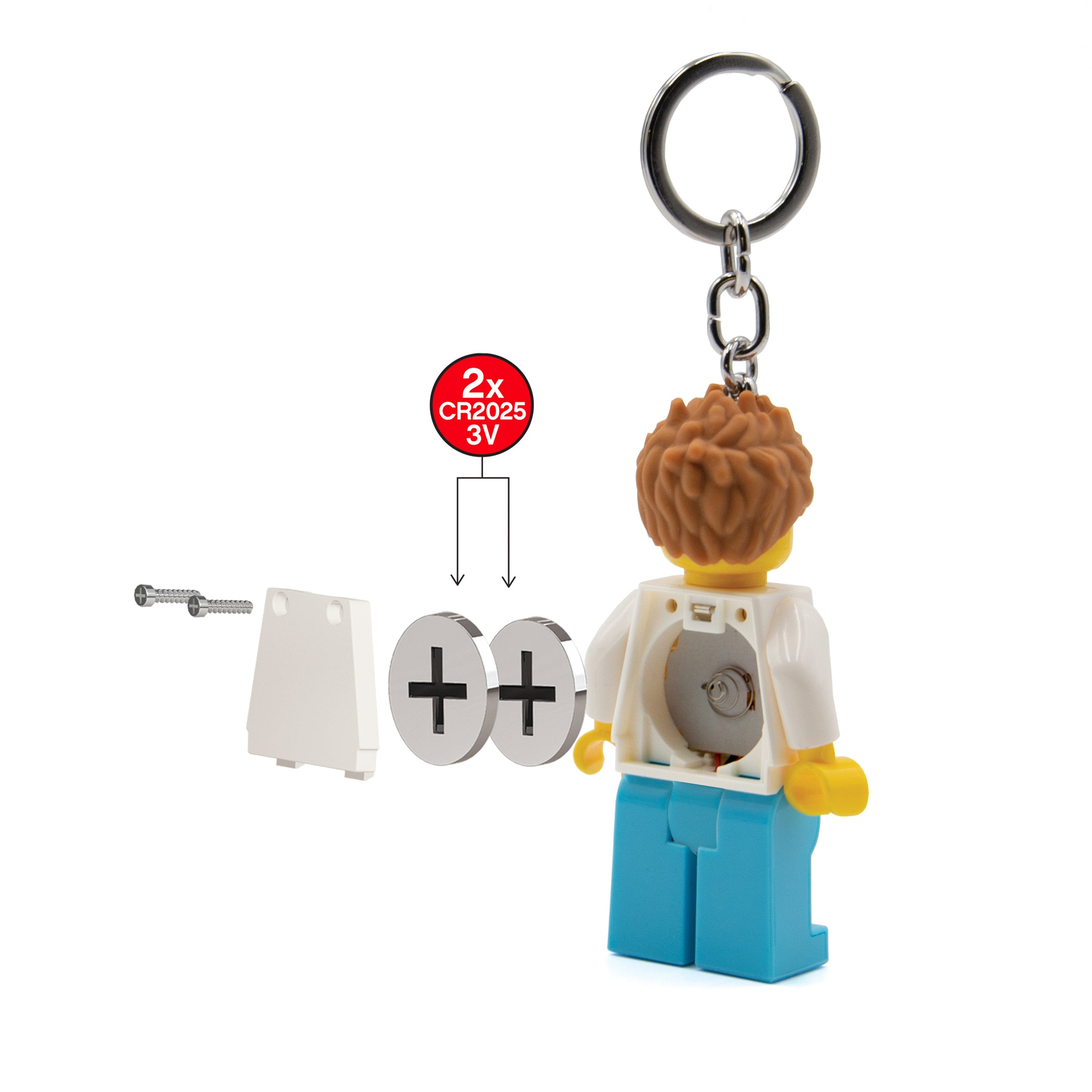 MOB brelok LEGO lekarz z latarką pokazujący wymienne baterie CR2025 3V i tylną część figurki