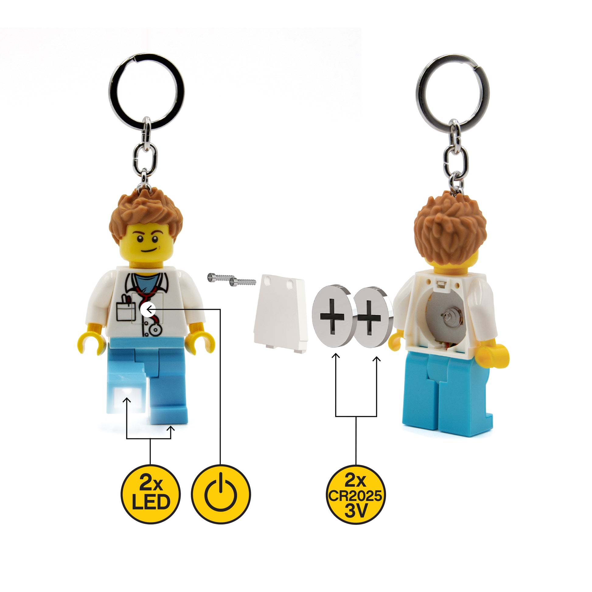 brelok LEGO lekarz z latarką z kluczem do otwierania i bateriami CR2025 3V