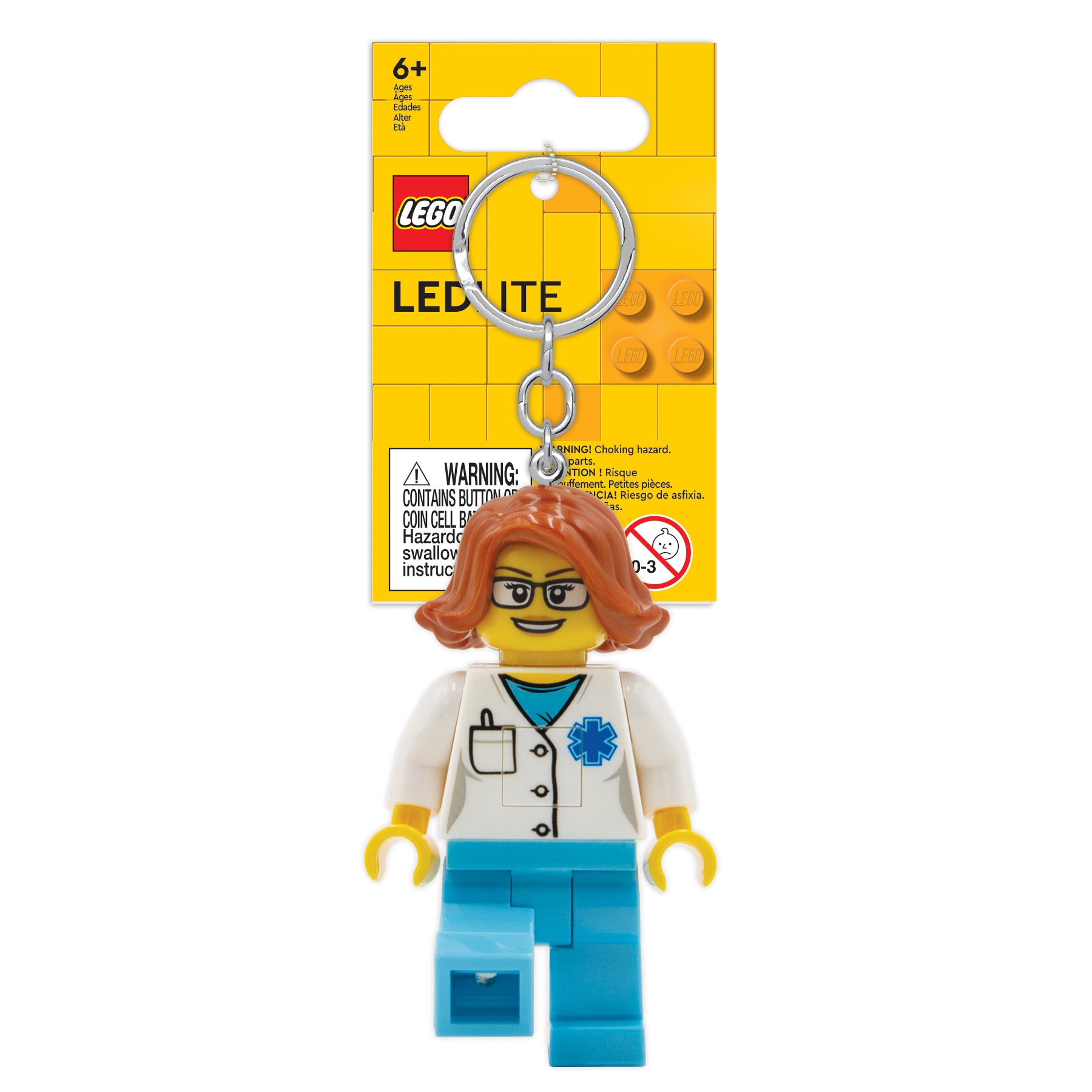 MOB brelok lego latarka lekarka figurka z włosami i białym fartuchem medycznym