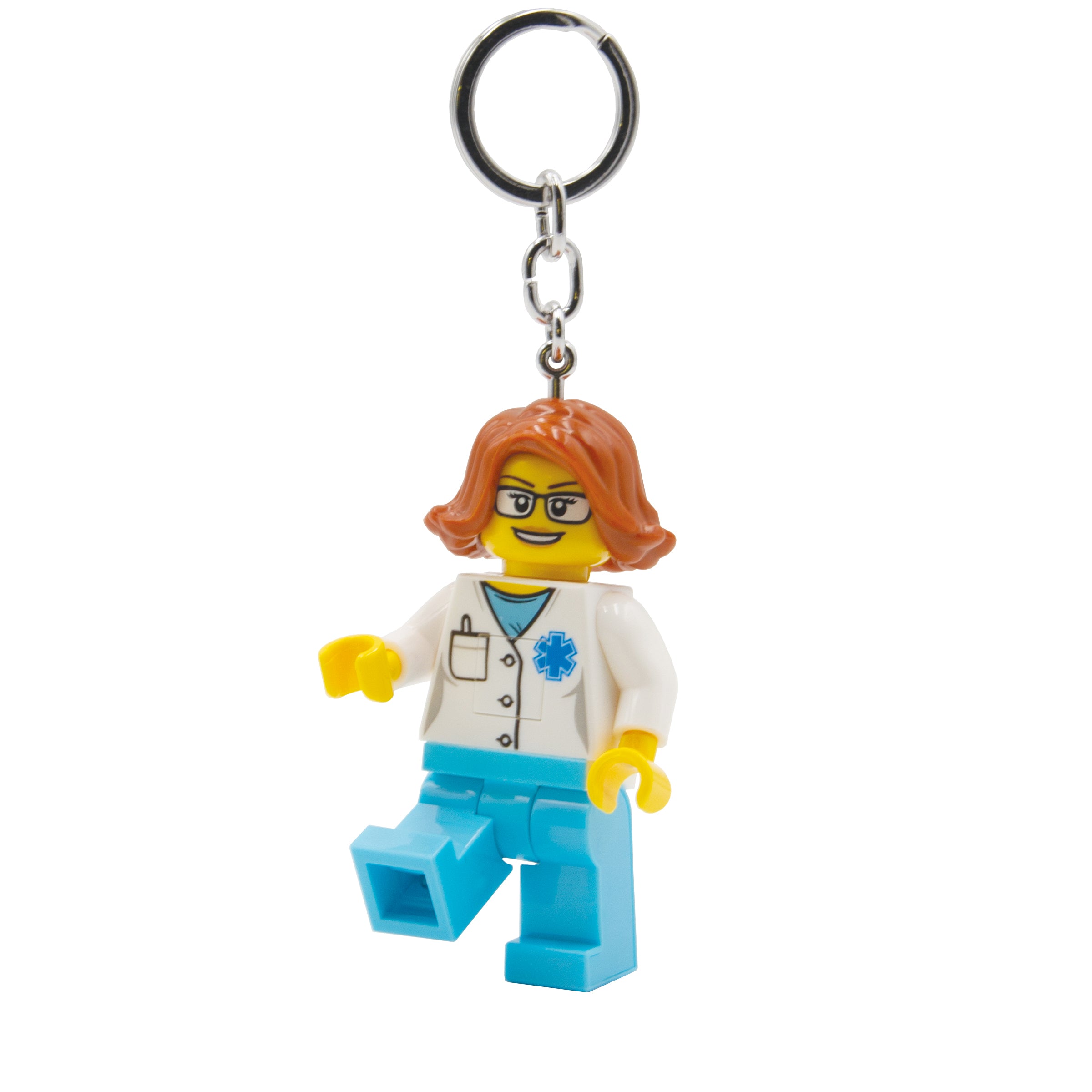 Brelok lego latarka lekarka z figurką karetki w białym fartuchu i niebieskich spodniach