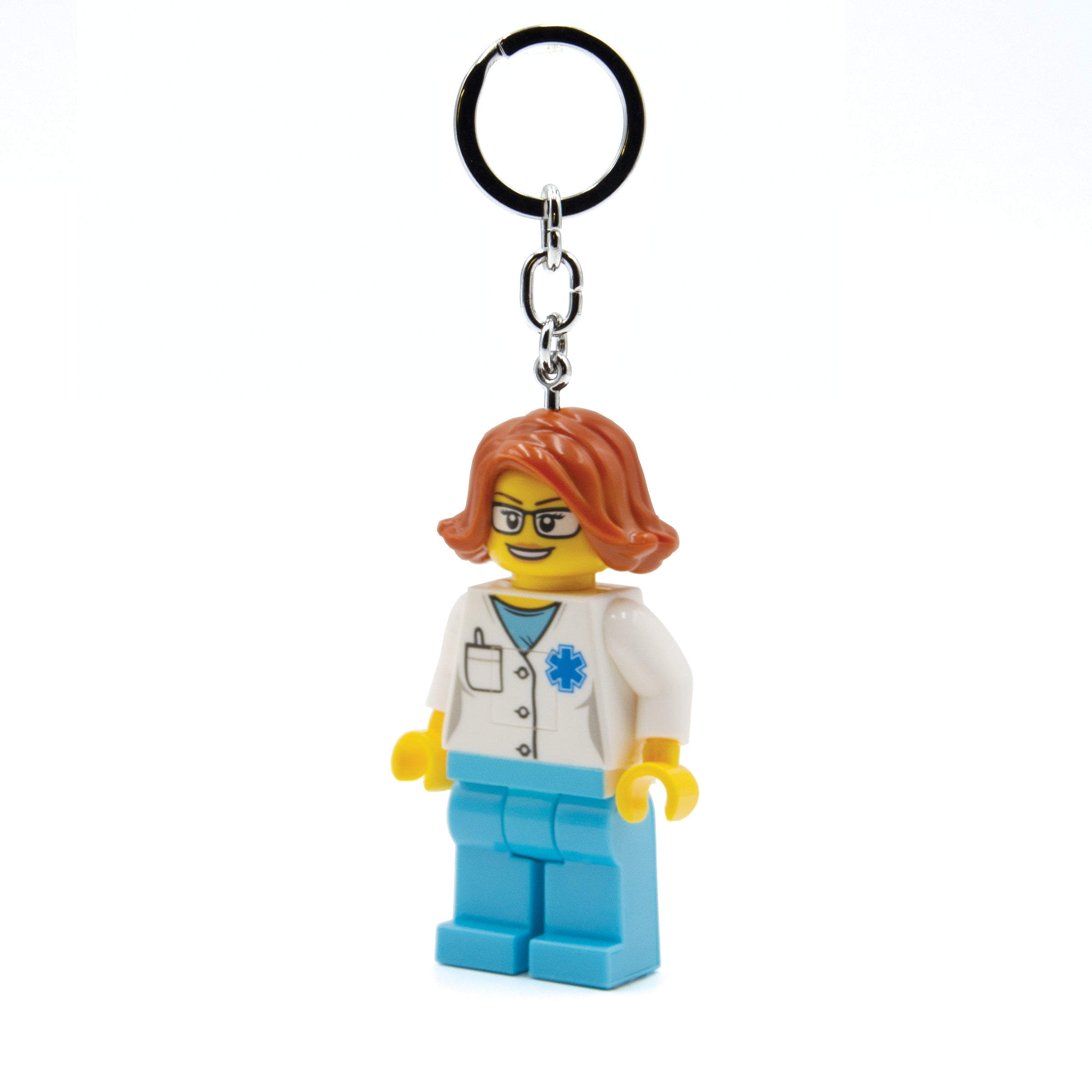 brelok lego latarka lekarka z postacią kobiety w białym fartuchu i niebieskich spodniach