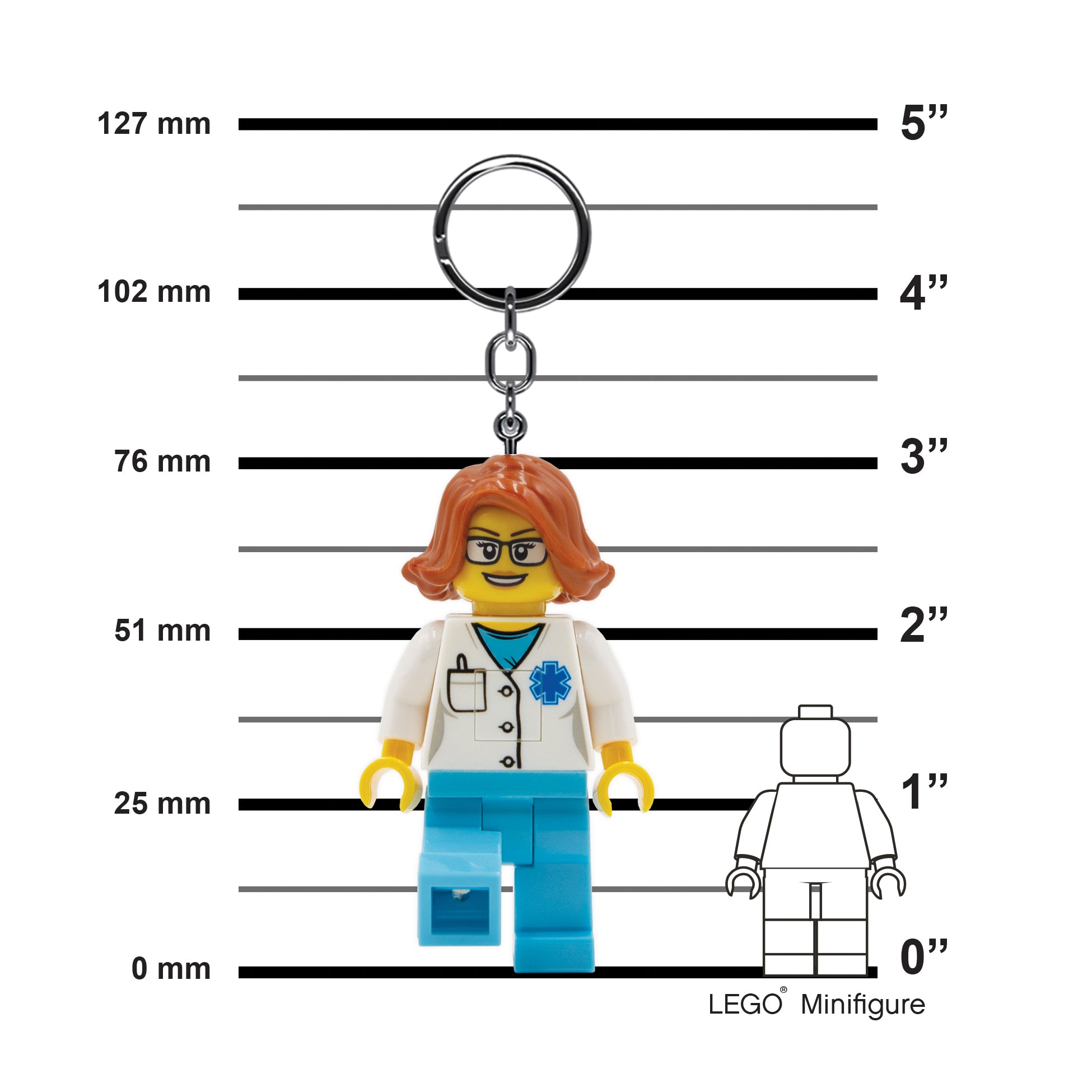 Brelok lego latarka lekarka z postacią LEGO w białym fartuchu i niebieskich spodniach
