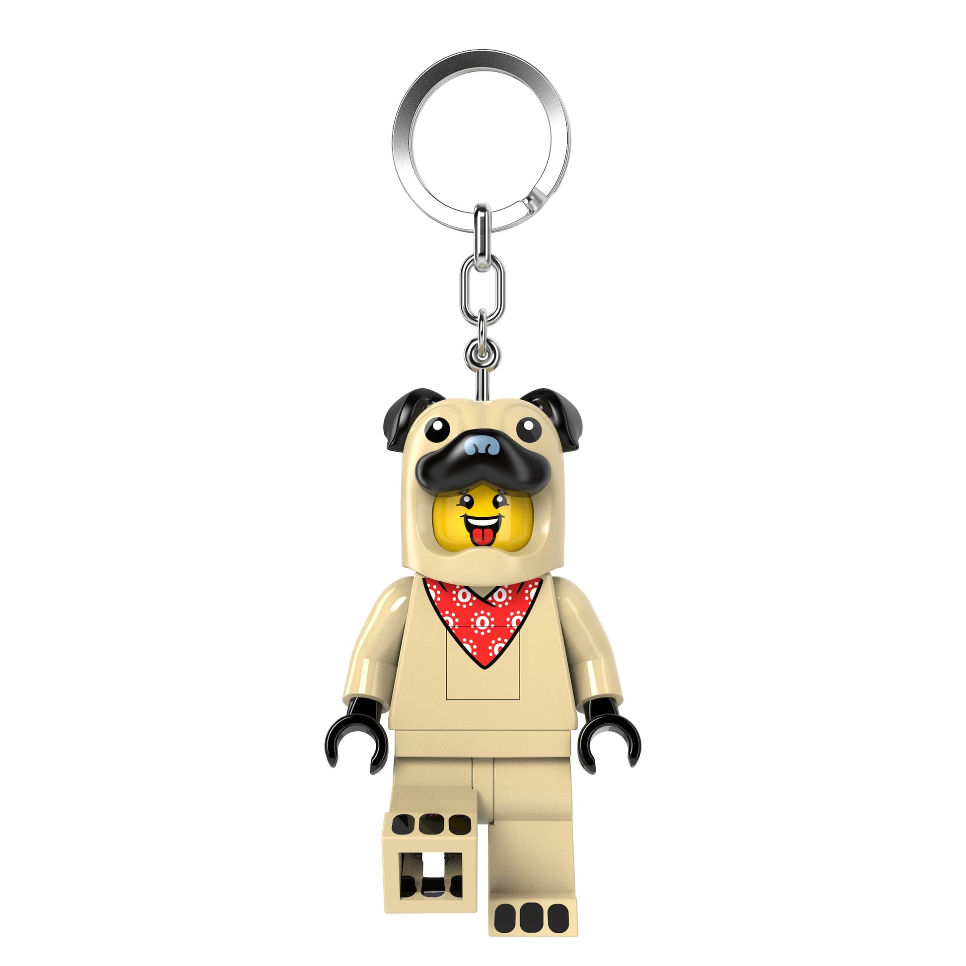 brelok z latarką LEGO Mops przedstawiający figurkę psa mopsa z czerwonym bandaną