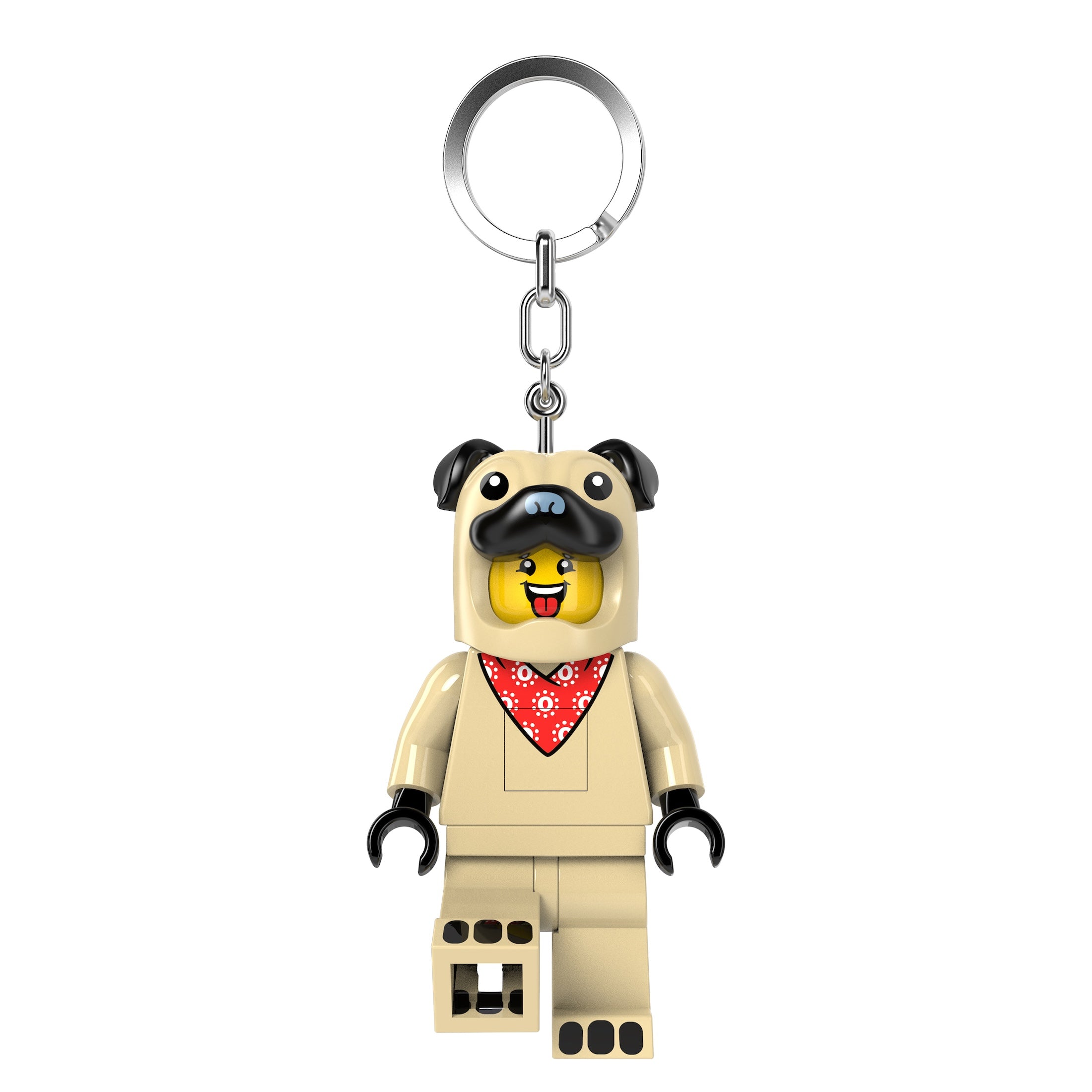 brelok z latarką LEGO Mops przedstawiający figurkę psa mopsa z czerwonym bandaną