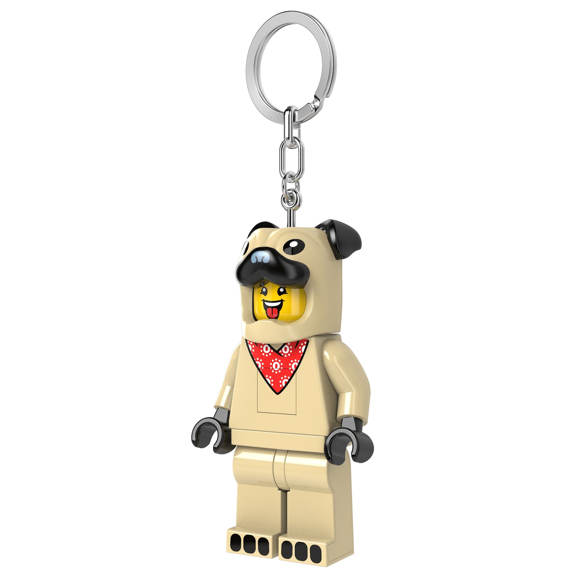 brelok z latarką LEGO Mops przedstawiający figurkę LEGO w kostiumie psa z czerwonym bandanem