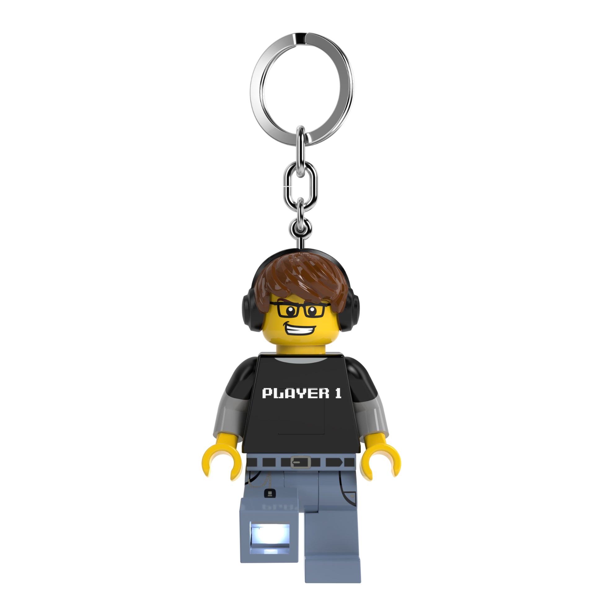 Brelok z latarką LEGO Gamer w kształcie minifigurki gracza z czarną koszulką i słuchawkami