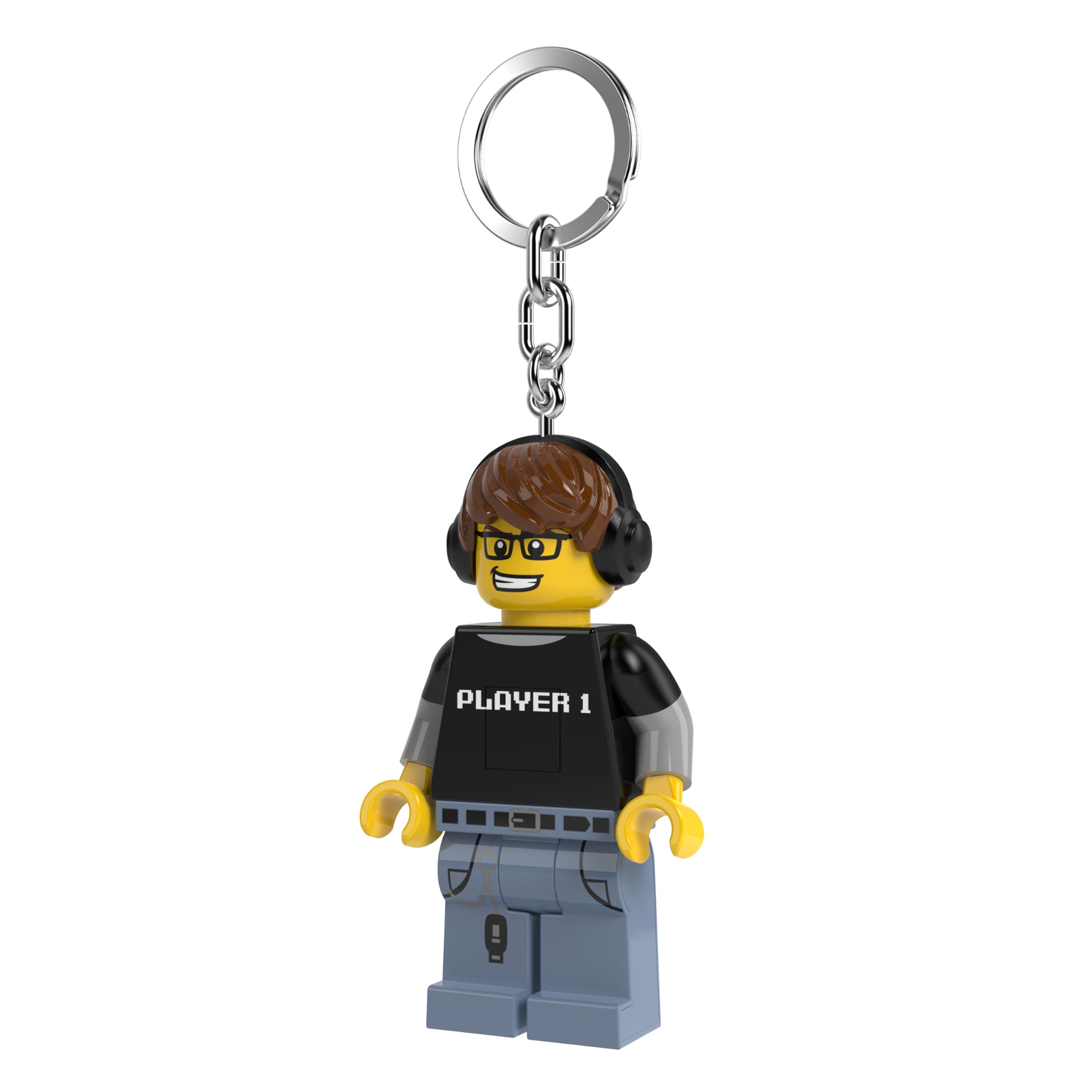 Brelok z latarką LEGO Gamer postać gracza PLAYER 1 z słuchawkami i okularami