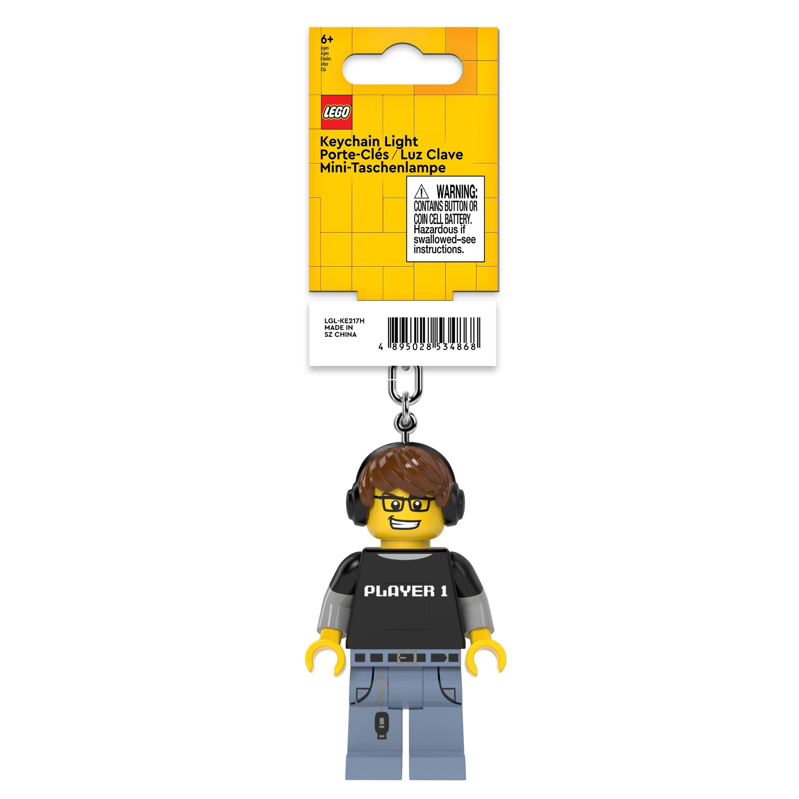 brelok z latarką LEGO Gamer z figurką gracza w słuchawkach o czarnej koszulce Player 1
