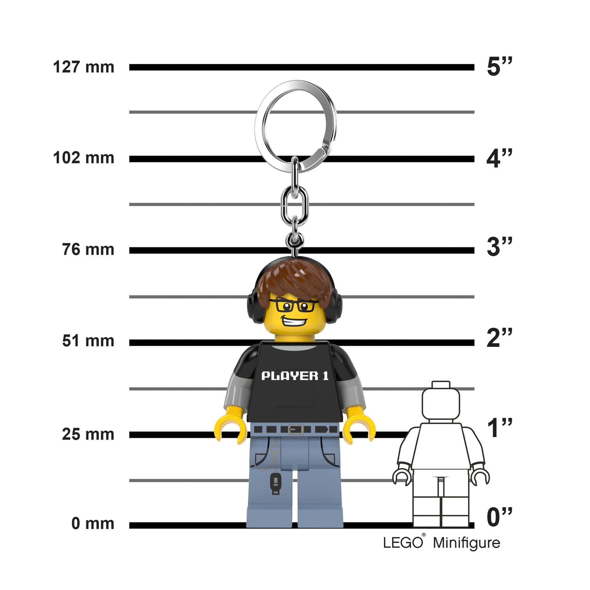 brelok z latarką LEGO Gamer przedstawiający figurkę gracza z słuchawkami i czarną bluzą