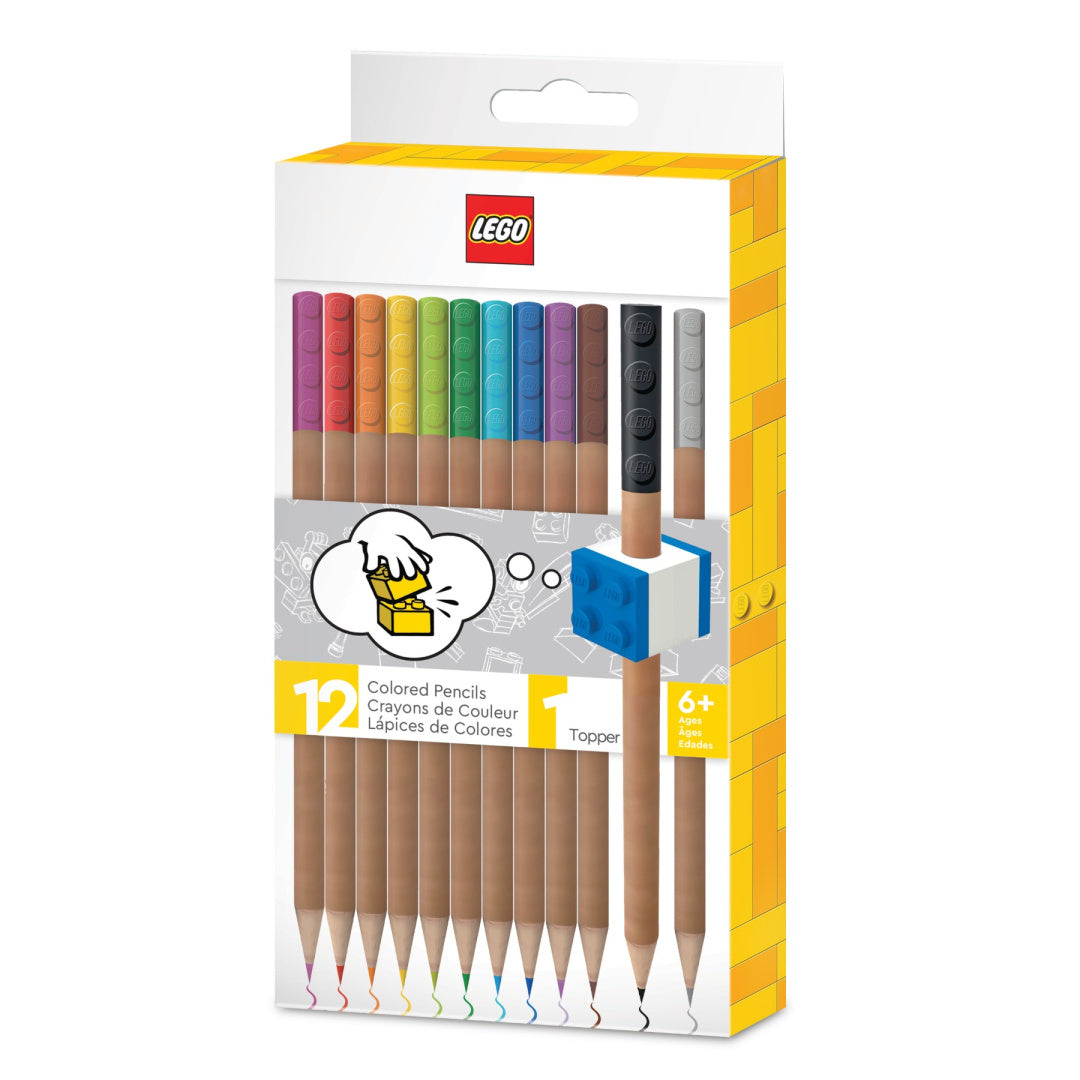 Kredki LEGO 12 sztuk w różnych kolorach z klockiem do nakładania na kredkę