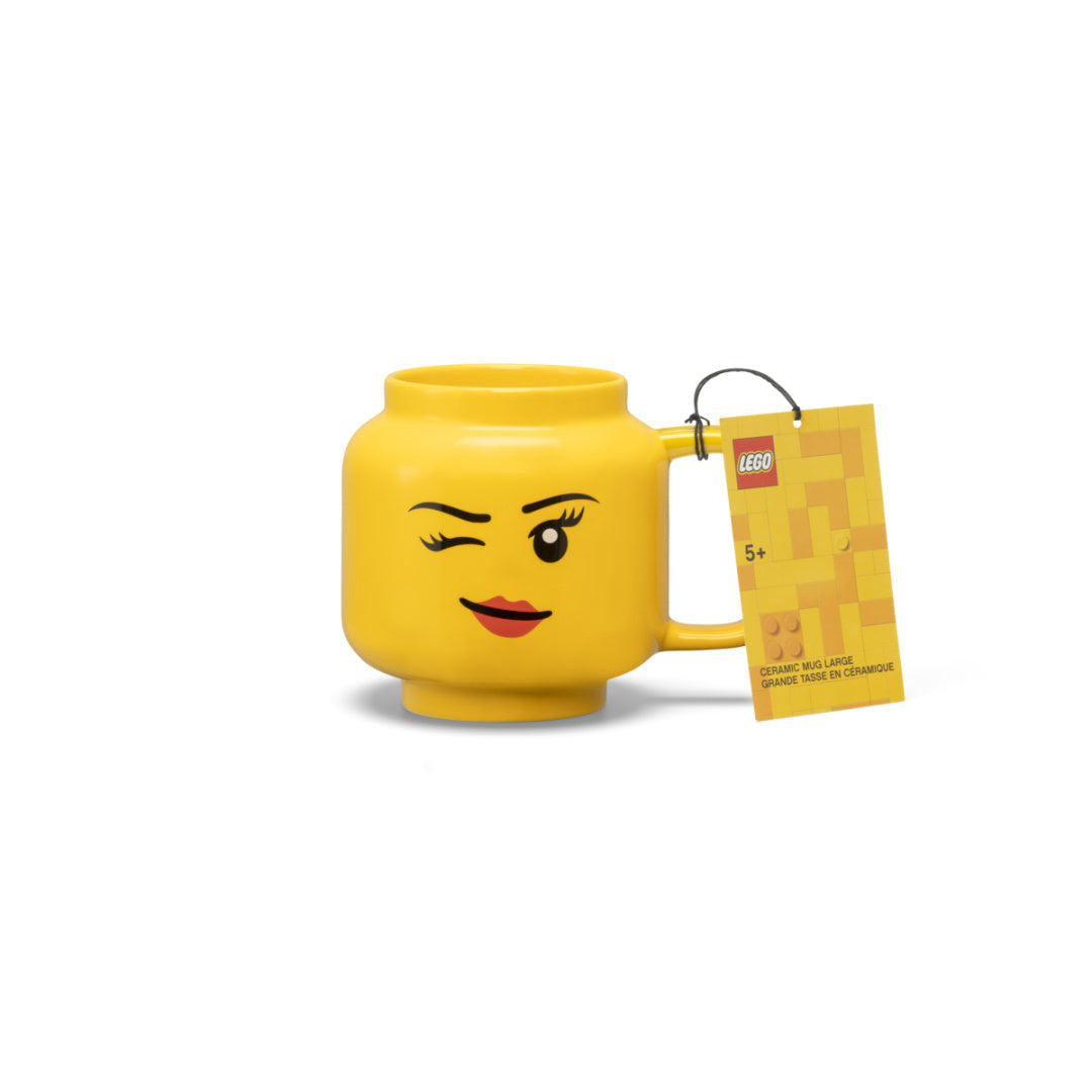 kubek LEGO duża głowa dziewczynka żółty ceramiczny z nadrukiem uśmiechniętej twarzy