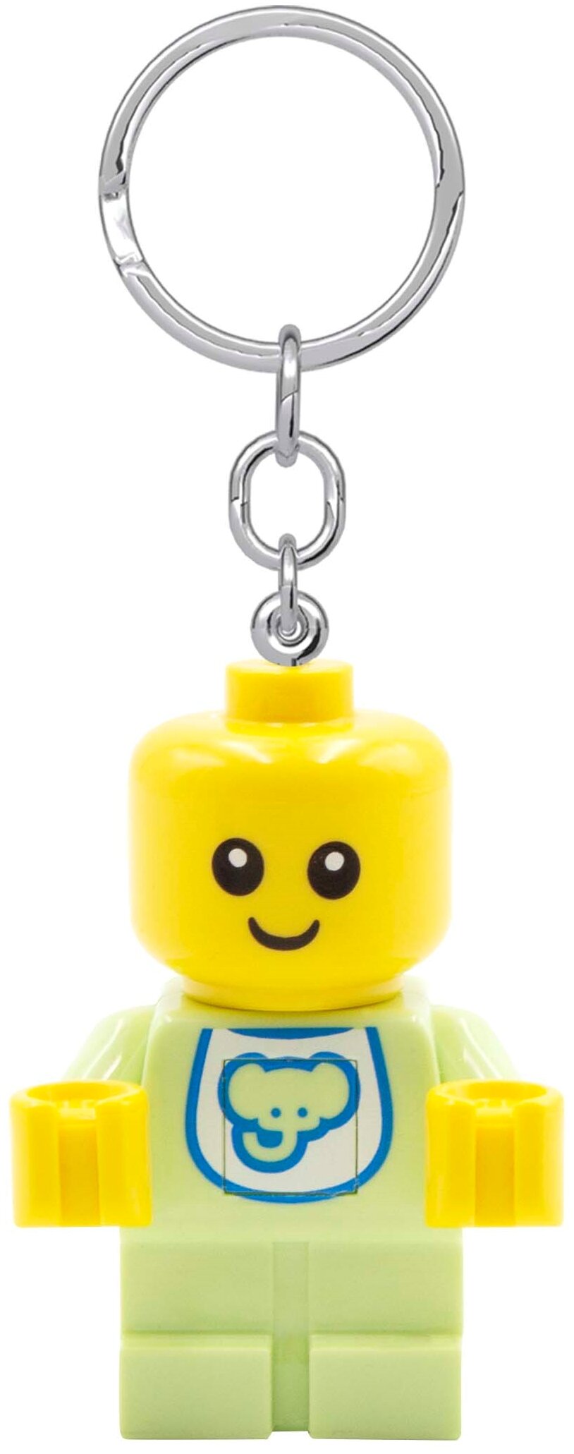 Brelok z latarką LEGO minifigurka żółta z uśmiechniętą twarzą i śliniakiem z niedźwiadkiem