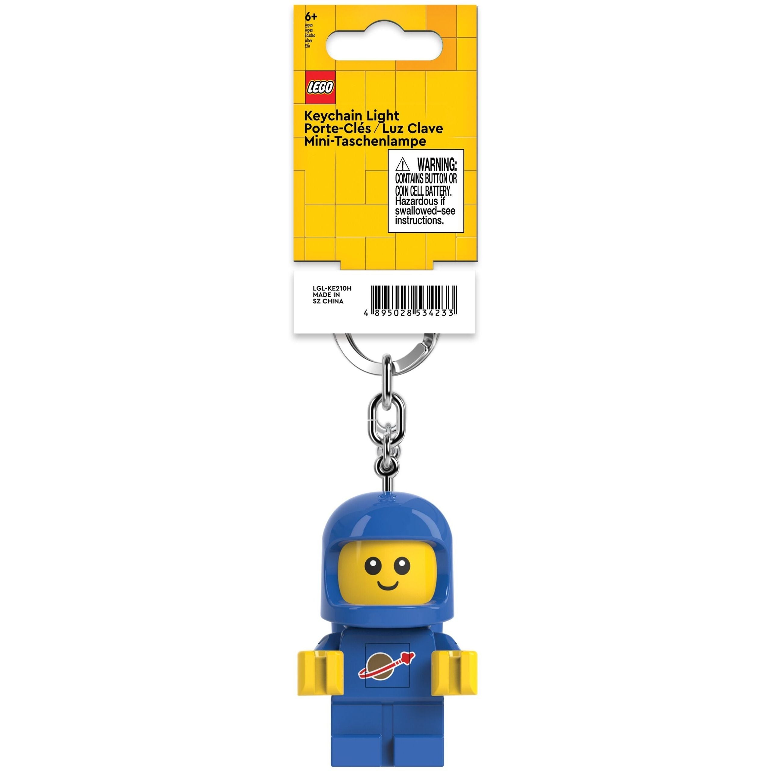 brelok z latarką LEGO astronauta w niebieskim kombinezonie z żółtą twarzą i logo kosmosu