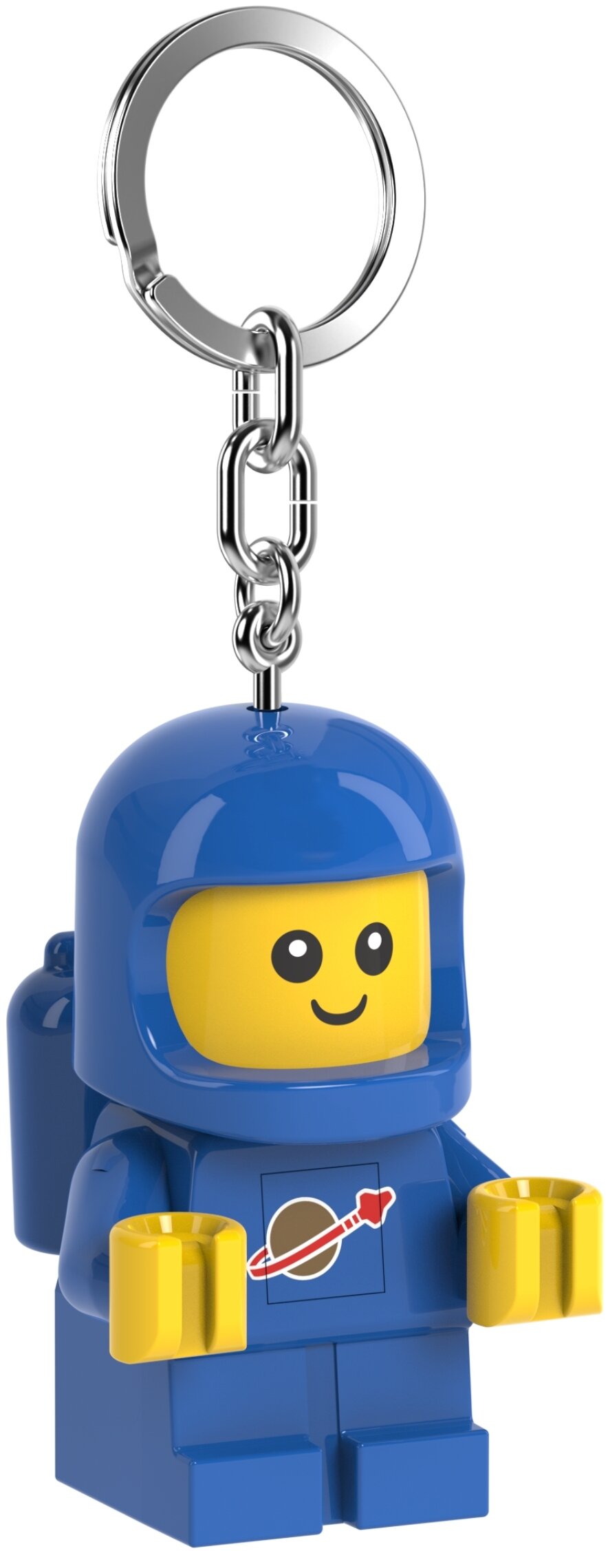 brelok z latarką LEGO astronauta w niebieskim skafandrze z uśmiechniętą twarzą i srebrnym kółkiem