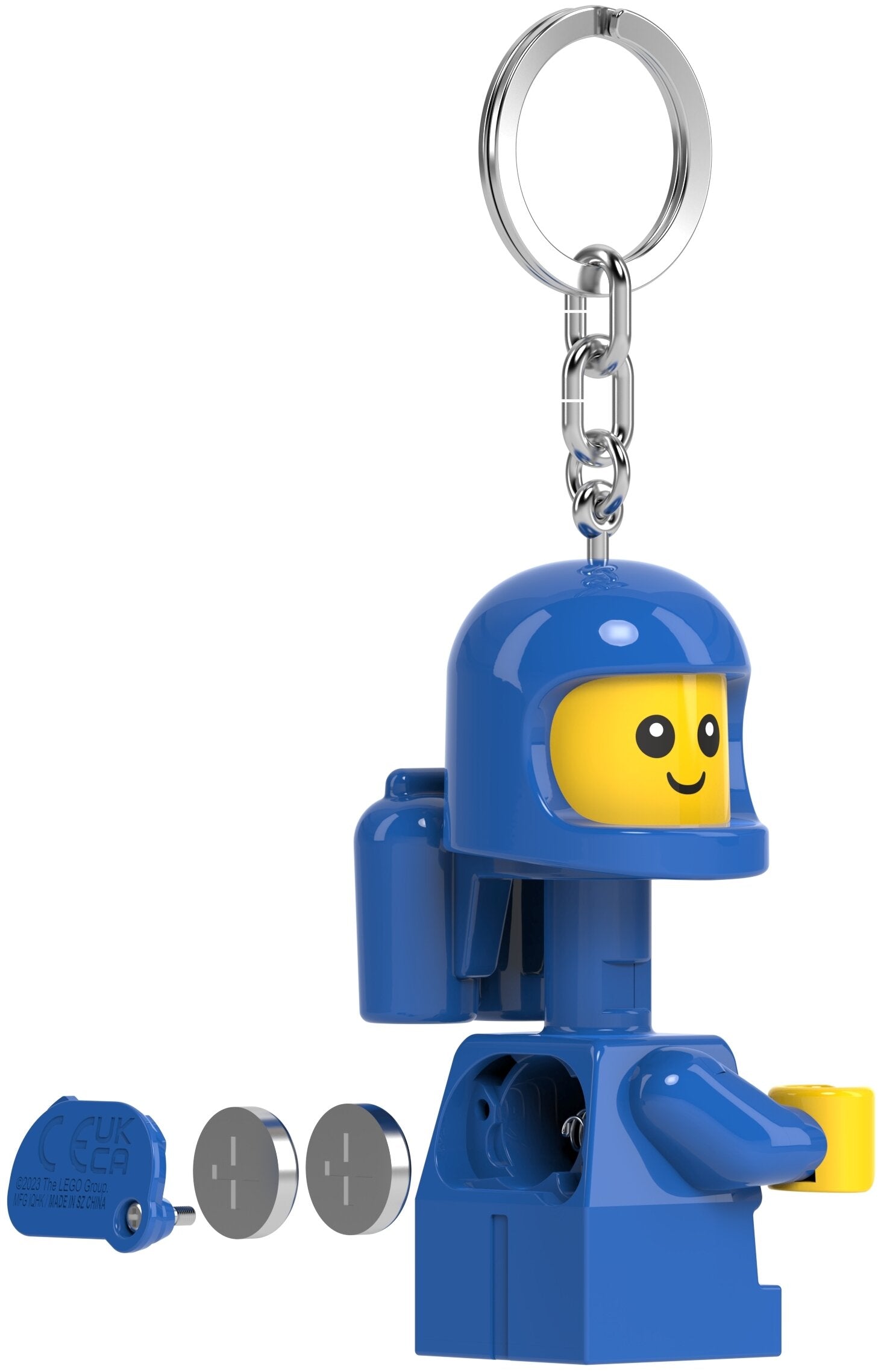 Brelok z latarką LEGO astronauta w niebieskim skafandrze z żółtą twarzą i metalowym kółkiem