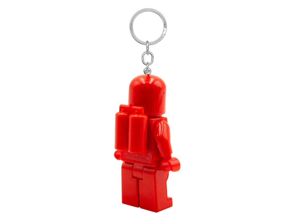 Czerwony brelok z latarką LEGO astronauta wykonany z tworzywa sztucznego z metalowym kółkiem