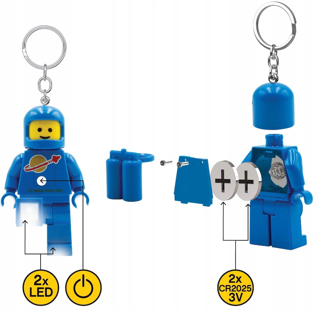 MOB brelok LEGO niebieski astronauta z dwoma LED i zasilany na baterie CR2025 3V