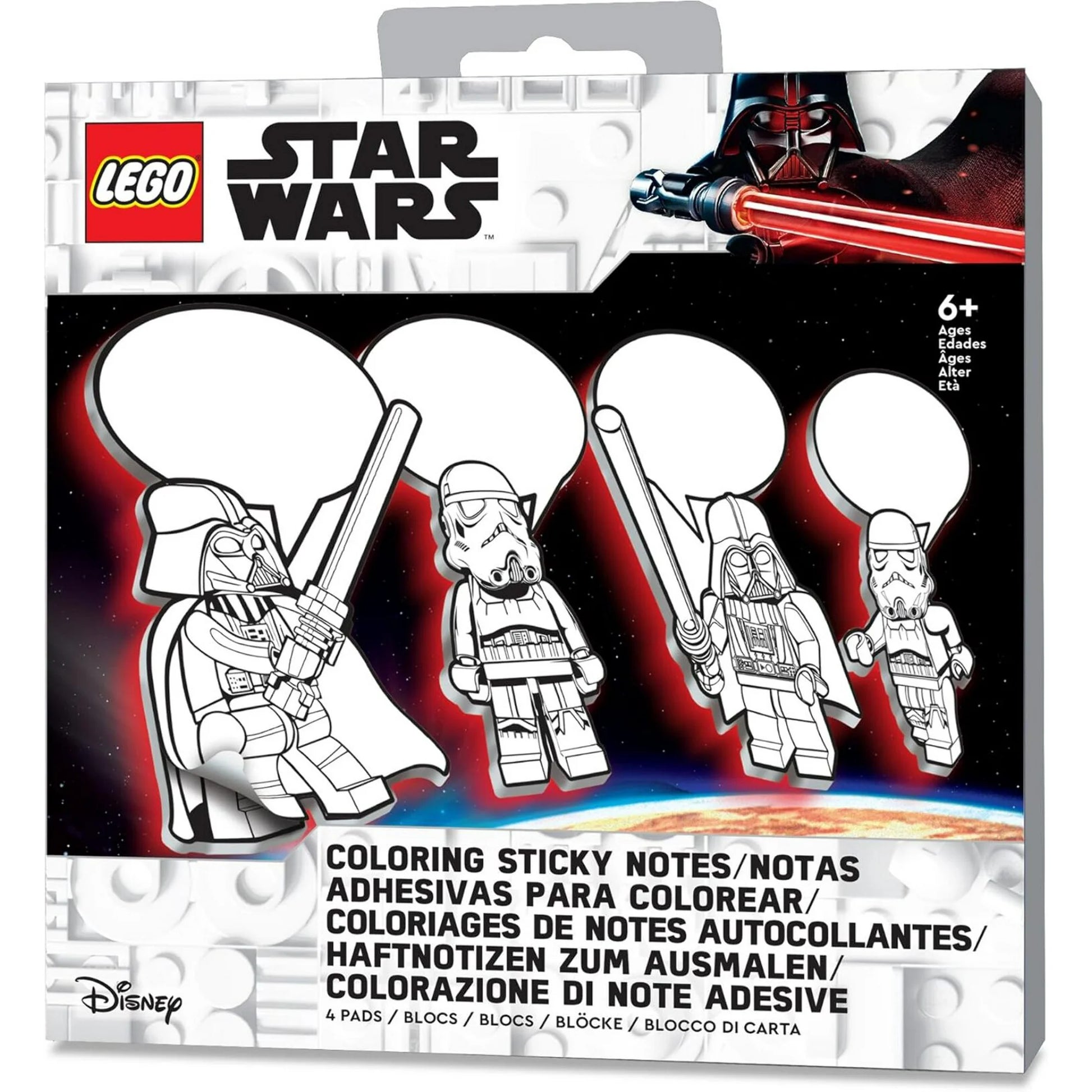 Samoprzylepne karteczki LEGO Star Wars z postaciami Darth Vader i szturmowców do kolorowania