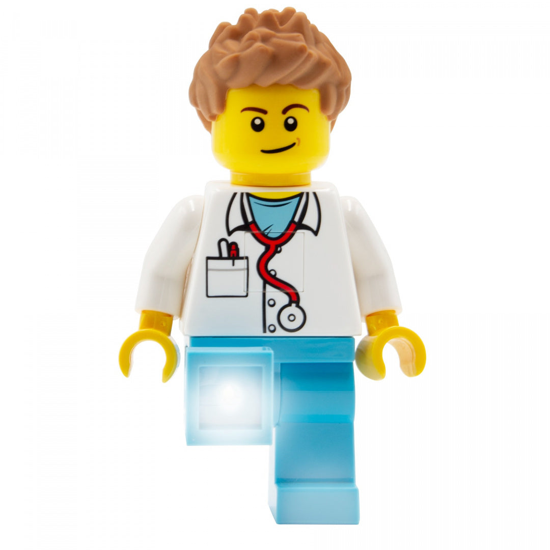 Klockowa figurka lekarza LEGO z latarką LEGO lekarz na nodze i stetoskopem