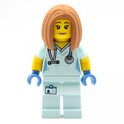 Figurka LEGO weterynarza z jasnozielonym uniformem i stetoskopem latarka LEGO weterynarka