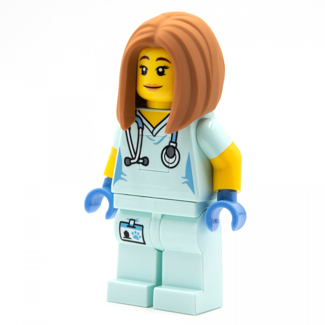 Figurka LEGO weterynarka z latarką LEGO weterynarka w niebieskim uniformie z stetoskopem