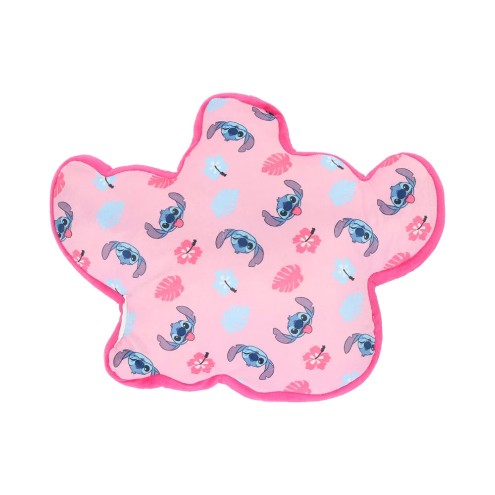 Cuscino rosa Lilo e Stitch Angel con stampa dei personaggi di Stitch e fiori su uno sfondo bianco