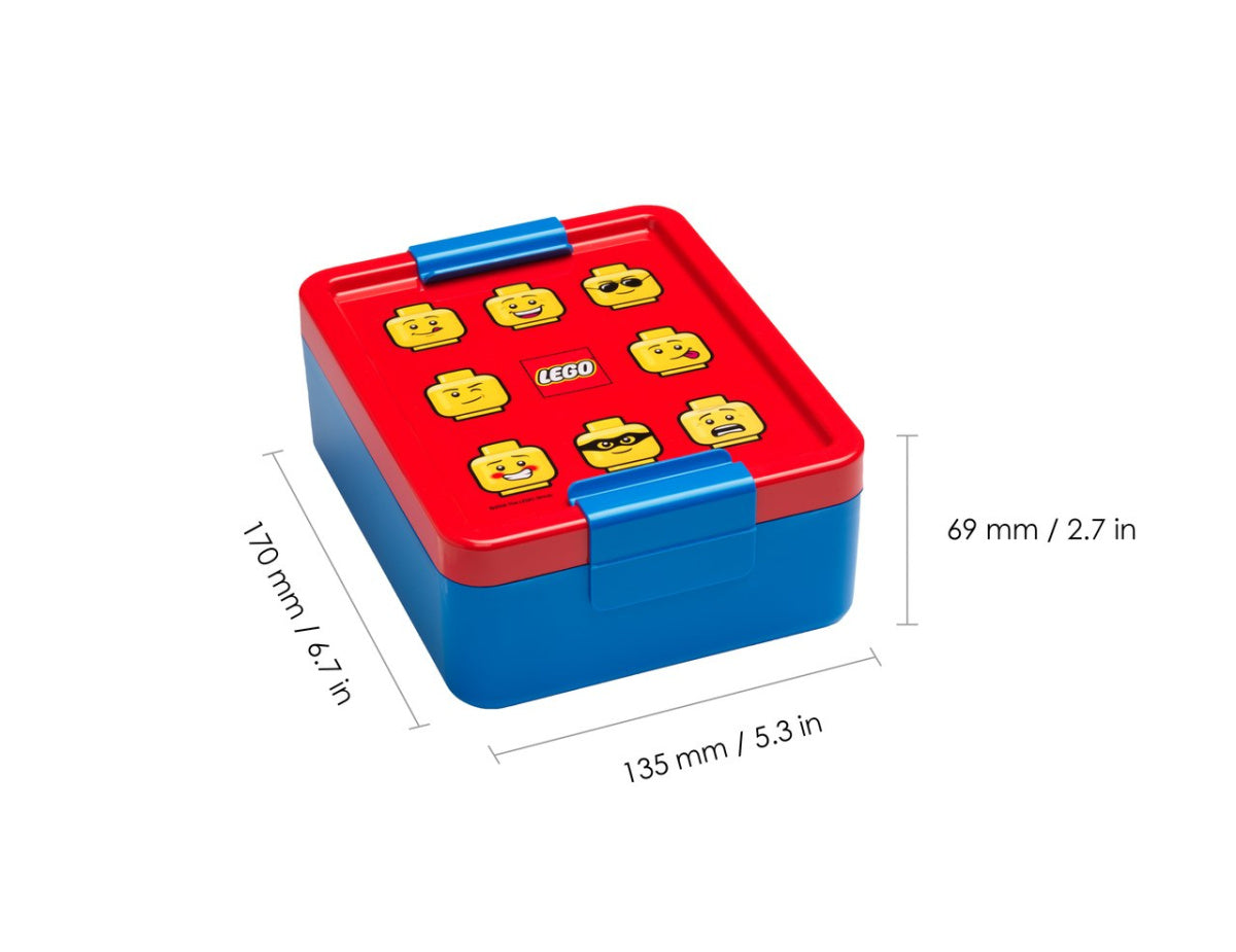 Lunchbox LEGO dla dzieci w niebiesko-czerwonym kolorze z motywem twarzy LEGO na pokrywie