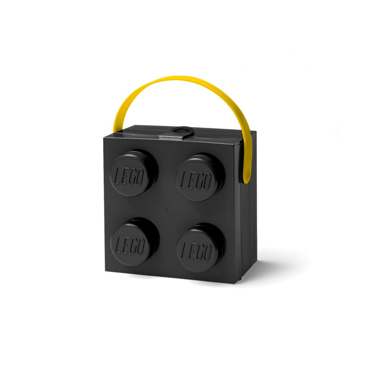 Lunchbox LEGO czarny z żółtym uchwytem przypominający klocki LEGO do przenoszenia posiłków
