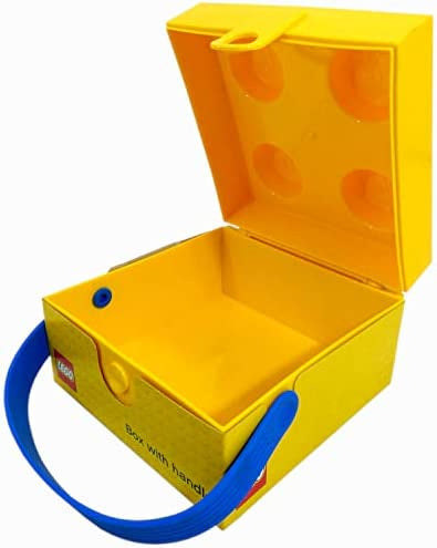 Żółty lunchbox klocek LEGO z niebieskim uchwytem i otwieranym wieczkiem BV JACOB COMPANY