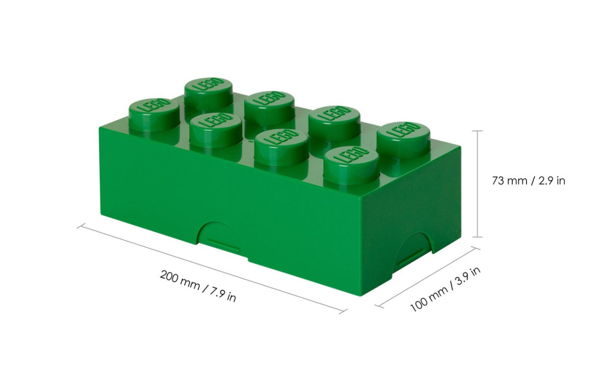 Lunchbox LEGO zielony w kształcie dużej zielonej klocka z wymiarami 200x100x73 mm
