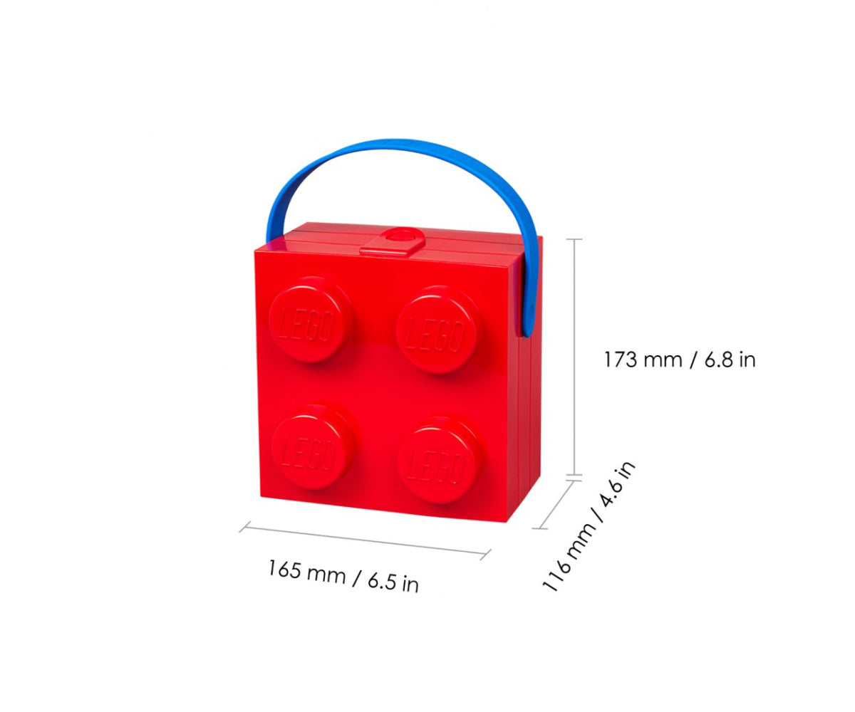 Czerwona lunchbox klocek LEGO z uchwytem od BV JACOB COMPANY o wymiarach 173x165x116 mm