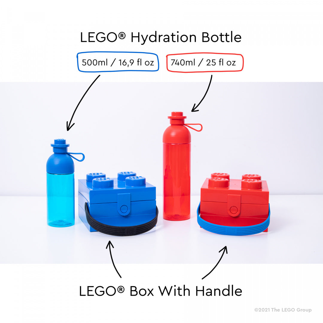 Lunchbox klocek LEGO w kolorze niebieskim i czerwonym z butelkami na wodę 500ml i 740ml