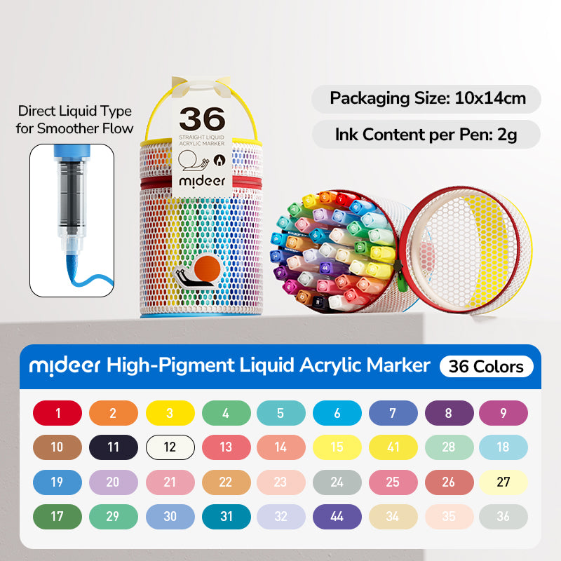 Markery akrylowe płynne z pędzelkową końcówką mideer – 36 kolorów w tubie