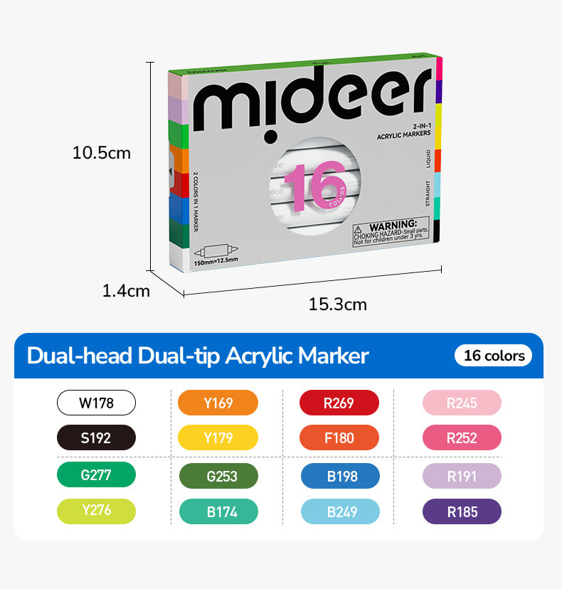 Markery akrylowe dwustronne 2w1 mideer – 16 kolorów