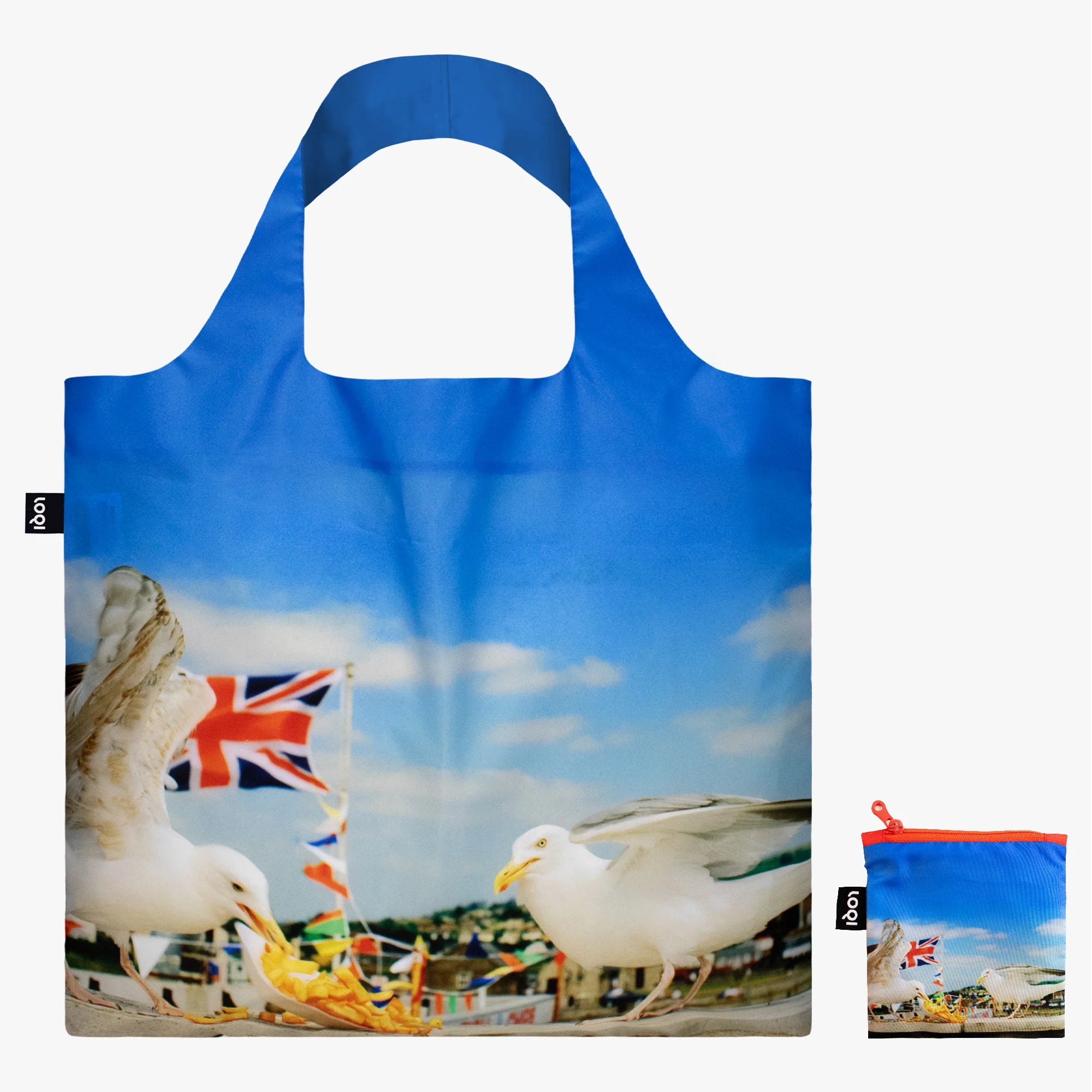 Torba LOQI Martin Parr mewy z motywem mew na tle nieba i brytyjskiej flagi