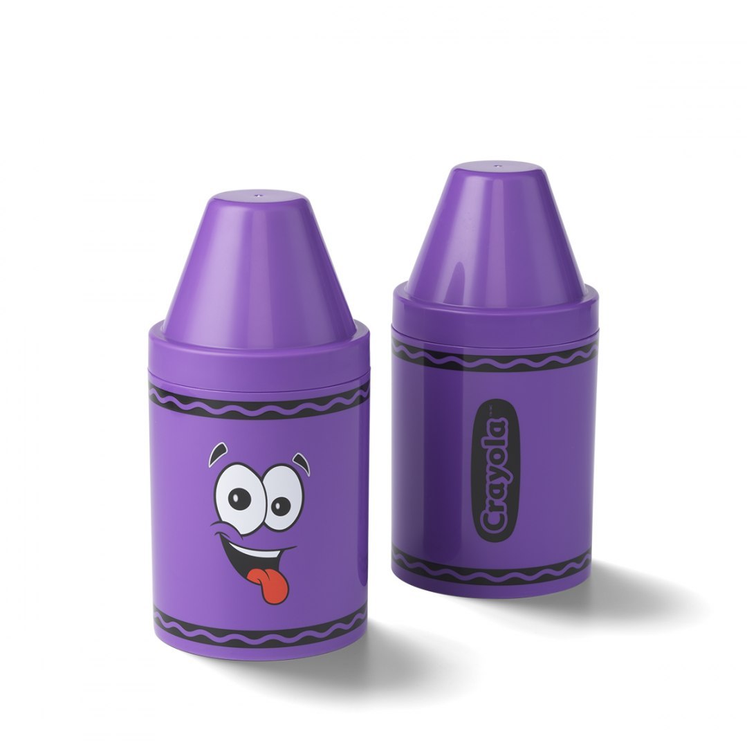 Fioletowy pojemnik na kredki Crayola fioletowy z zabawną twarzą i logo Crayola