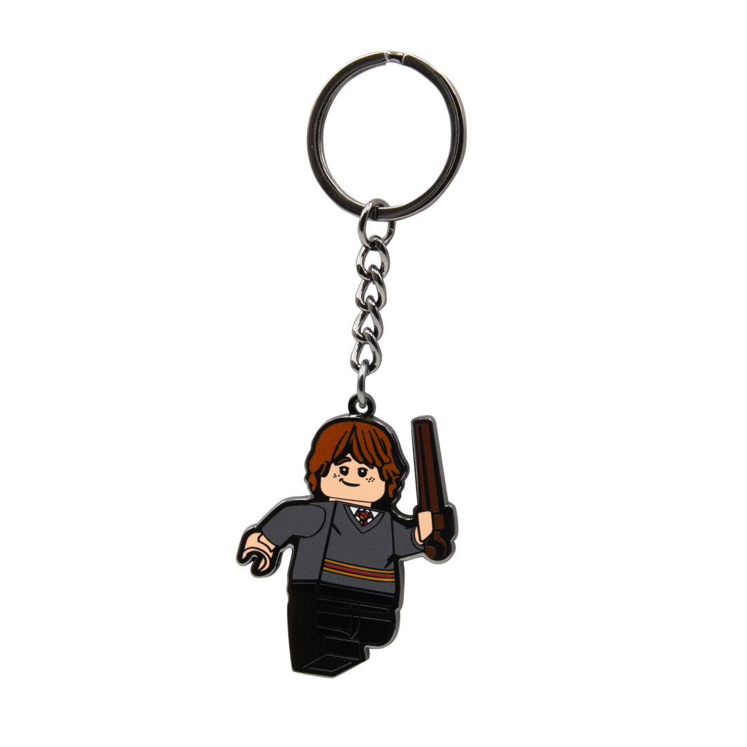 brelok LEGO Harry Potter Ron Weasley z figurką postaci trzymającej różdżkę i metalowym kółkiem