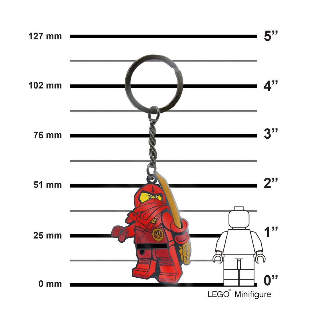 Brelok LEGO Ninjago Kai w czerwonym stroju z mieczem na metalowym łańcuszku
