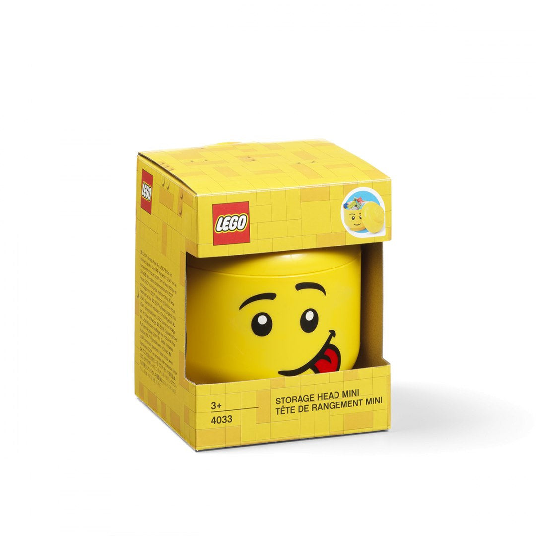 Pojemnik głowa LEGO chłopiec w żółtym kolorze z zabawną miną do przechowywania klocków