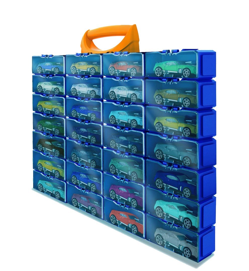 Modułowa walizka Hot Wheels z wieloma niebieskimi przegródkami na samochodziki i pomarańczową rączką
