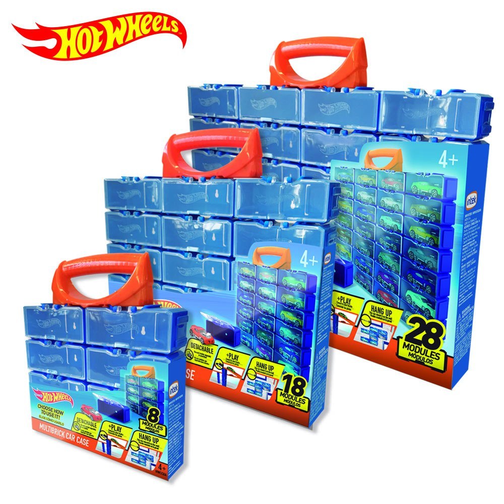 Modułowa walizka Hot Wheels w różnych rozmiarach z niebieskimi modułami i pomarańczowymi rączkami