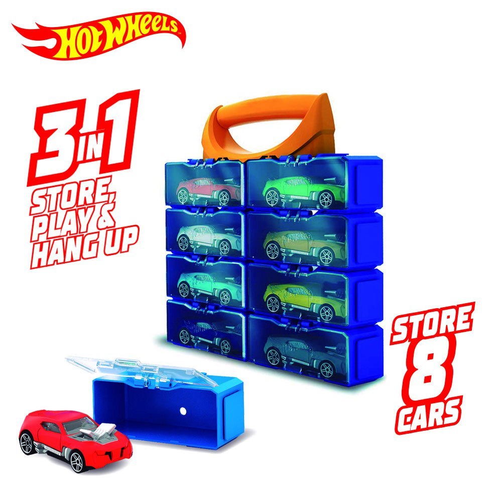 Modułowa walizka Hot Wheels na 8 samochodzików z niebieskimi schowkami i pomarańczową rączką