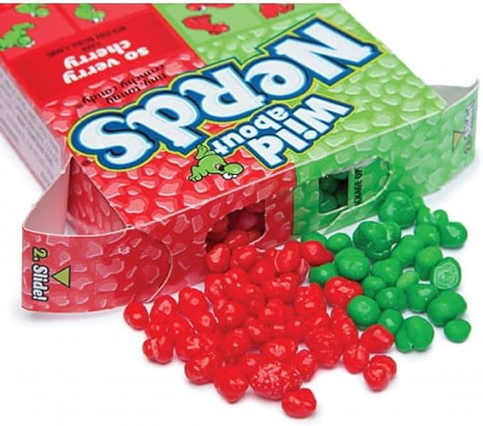 Red and green dragees Wild About Nerds watermelon cherry in an open Yamann package